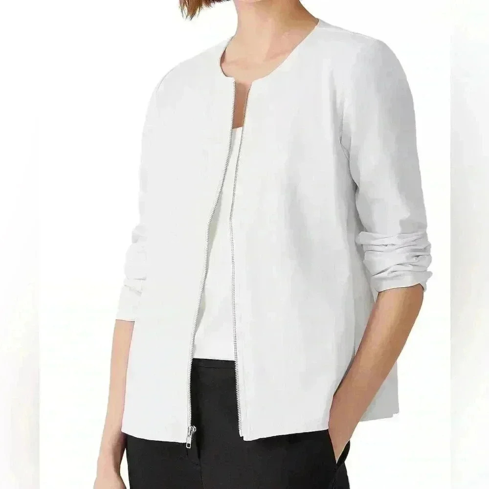 Eileen Fisher  white Organic Cotton Ponte Zip-Front Jacket  S preppy minimalist - Picture 6 of 6